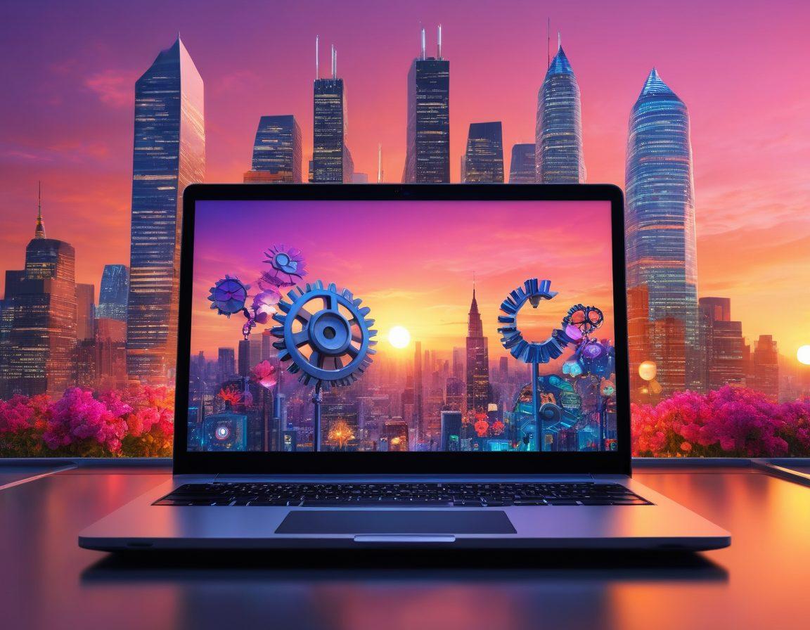 A dynamic digital landscape showcasing a laptop with a blog interface, transforming into a blooming business empire with skyscrapers made of glowing blog posts. Include elements like gears and lightbulbs symbolizing ideas and innovation, with a vibrant sunset in the background. super-realistic. vibrant colors. 3D.