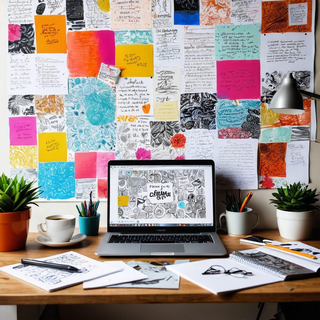 A creative workspace showcasing a laptop open to a vibrant article, surrounded by colorful sketches and designs. Include coffee cups, notepads filled with ideas, and a bright, inviting atmosphere that inspires creativity. The wall behind features motivational quotes about content creation. super-realistic. vibrant colors. cozy environment.