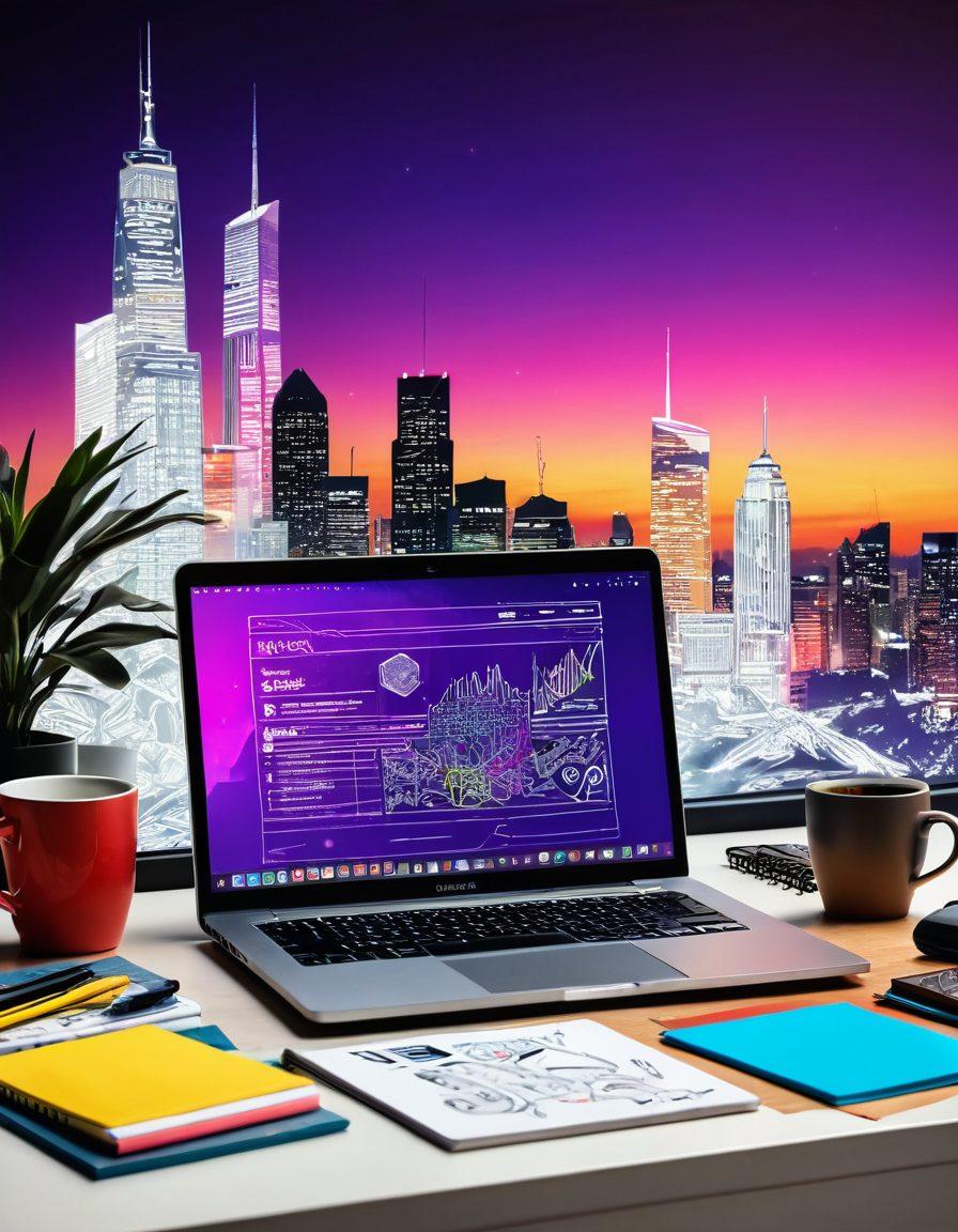A futuristic workspace filled with digital design tools, featuring a laptop open to a vibrant website layout. Include a notepad with doodles of web design concepts, colorful post-it notes, and a coffee cup beside it. The background should display a digital skyline symbolizing the 'digital frontier', with binary code subtly integrated into the scenery. super-realistic. vibrant colors. white background.